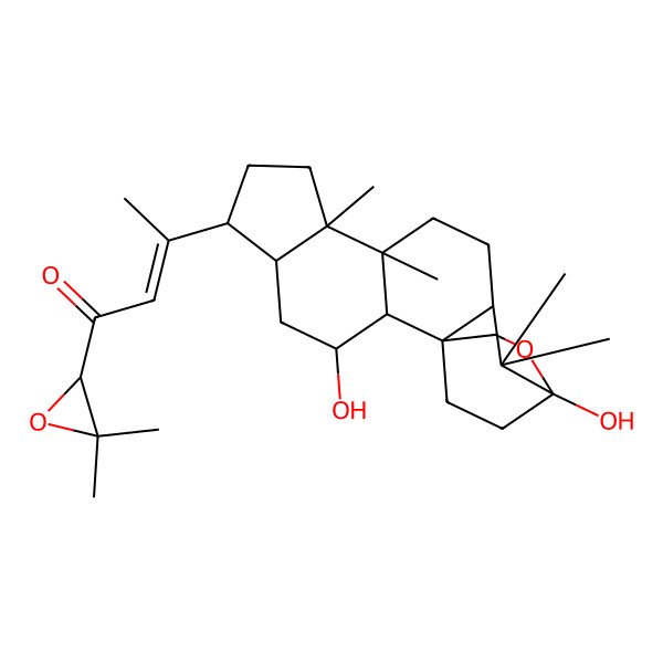 2D Structure of (E)-3-[(1R,2S,3R,5R,6S,9R,10R,13R,15S)-3,15-dihydroxy-9,10,14,14-tetramethyl-16-oxapentacyclo[13.2.2.01,13.02,10.05,9]nonadecan-6-yl]-1-(3,3-dimethyloxiran-2-yl)but-2-en-1-one
