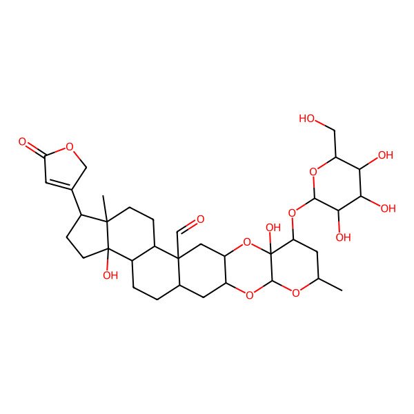 2D Structure of (1S,3R,5S,7R,9R,10S,12R,14R,15S,18R,19R,22R,23R)-10,22-dihydroxy-7,18-dimethyl-19-(5-oxo-2H-furan-3-yl)-9-[(2S,3R,4S,5S,6R)-3,4,5-trihydroxy-6-(hydroxymethyl)oxan-2-yl]oxy-4,6,11-trioxahexacyclo[12.11.0.03,12.05,10.015,23.018,22]pentacosane-14-carbaldehyde