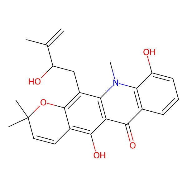 2D Structure of 5,10-Dihydroxy-12-(2-hydroxy-3-methylbut-3-enyl)-2,2,11-trimethylpyrano[3,2-b]acridin-6-one