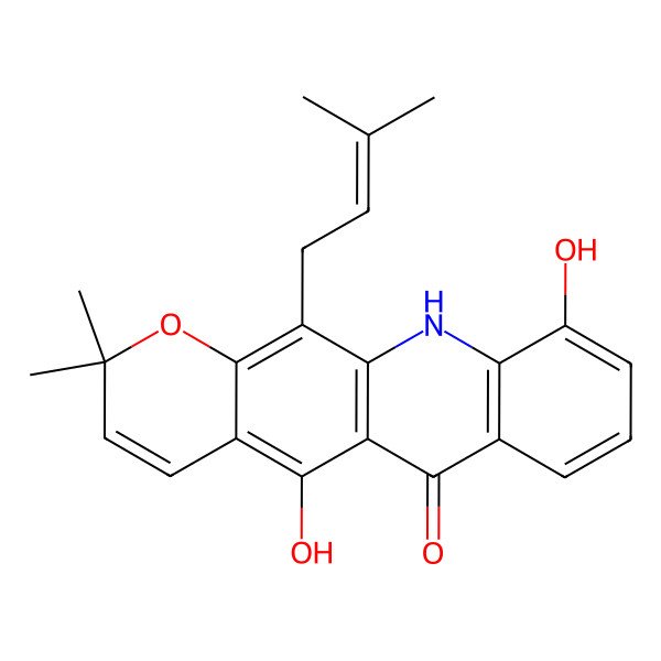 2D Structure of 5,10-dihydroxy-2,2-dimethyl-12-(3-methylbut-2-enyl)-11H-pyrano[3,2-b]acridin-6-one