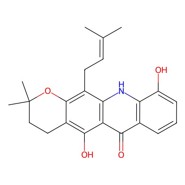 2D Structure of 5,10-dihydroxy-2,2-dimethyl-12-(3-methylbut-2-enyl)-4,11-dihydro-3H-pyrano[3,2-b]acridin-6-one