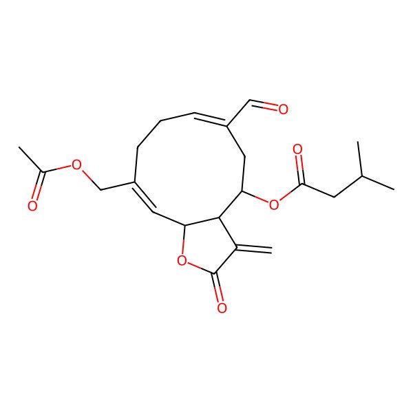 2D Structure of [(3aR,4R,6E,10E,11aR)-10-(acetyloxymethyl)-6-formyl-3-methylidene-2-oxo-3a,4,5,8,9,11a-hexahydrocyclodeca[b]furan-4-yl] 3-methylbutanoate