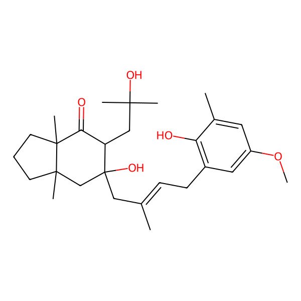 2D Structure of (3aS,5R,6S,7aR)-6-hydroxy-6-[(E)-4-(2-hydroxy-5-methoxy-3-methylphenyl)-2-methylbut-2-enyl]-5-(2-hydroxy-2-methylpropyl)-3a,7a-dimethyl-2,3,5,7-tetrahydro-1H-inden-4-one