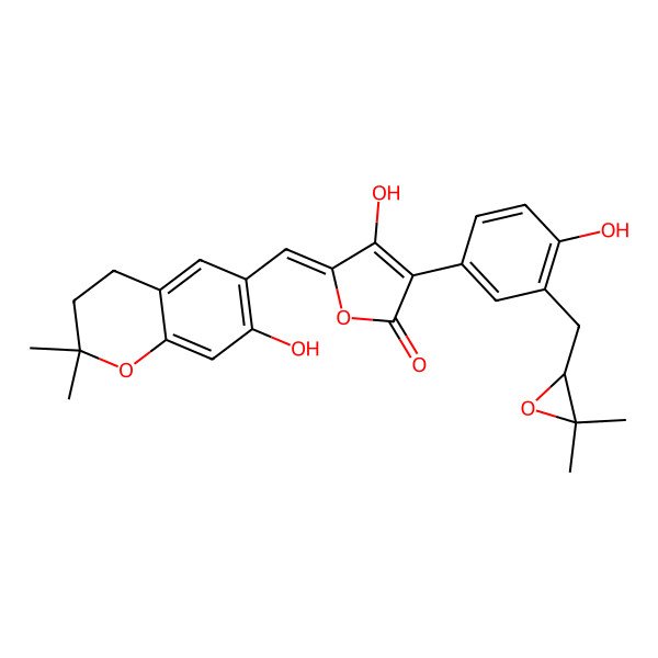 2D Structure of 3-[3-[(3,3-Dimethyloxiran-2-yl)methyl]-4-hydroxyphenyl]-4-hydroxy-5-[(7-hydroxy-2,2-dimethyl-3,4-dihydrochromen-6-yl)methylidene]furan-2-one
