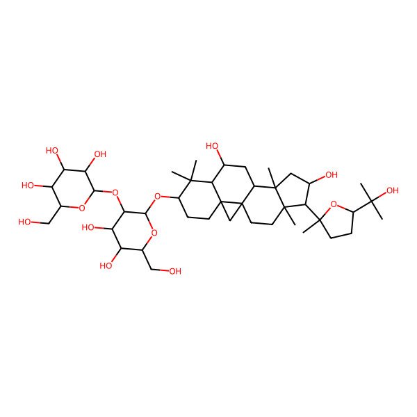 2D Structure of 2-[2-[[9,14-Dihydroxy-15-[5-(2-hydroxypropan-2-yl)-2-methyloxolan-2-yl]-7,7,12,16-tetramethyl-6-pentacyclo[9.7.0.01,3.03,8.012,16]octadecanyl]oxy]-4,5-dihydroxy-6-(hydroxymethyl)oxan-3-yl]oxy-6-(hydroxymethyl)oxane-3,4,5-triol