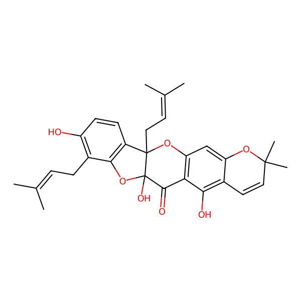 2D Structure of 7,11,14-Trihydroxy-18,18-dimethyl-3,8-bis(3-methylbut-2-enyl)-2,10,19-trioxapentacyclo[11.8.0.03,11.04,9.015,20]henicosa-1(13),4(9),5,7,14,16,20-heptaen-12-one