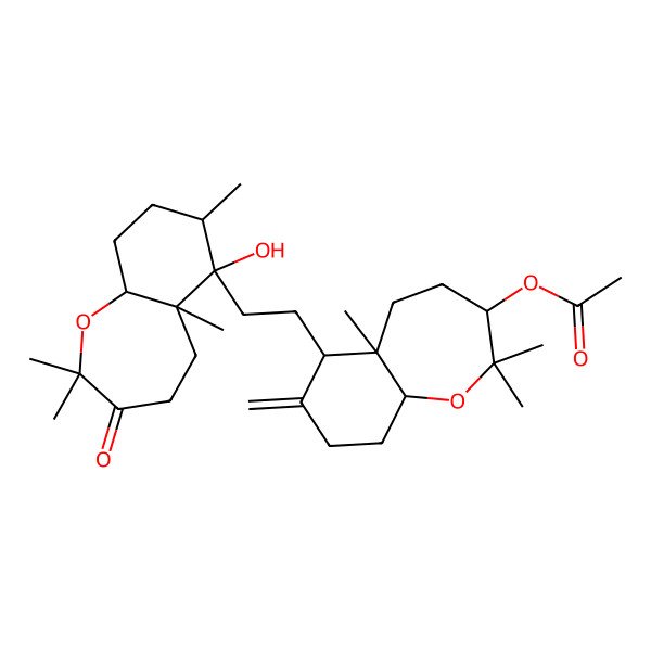 2D Structure of [(3R,5aS,6R,9aS)-6-[2-[(5aR,6S,7S,9aS)-6-hydroxy-2,2,5a,7-tetramethyl-3-oxo-4,5,7,8,9,9a-hexahydrobenzo[b]oxepin-6-yl]ethyl]-2,2,5a-trimethyl-7-methylidene-4,5,6,8,9,9a-hexahydro-3H-benzo[b]oxepin-3-yl] acetate
