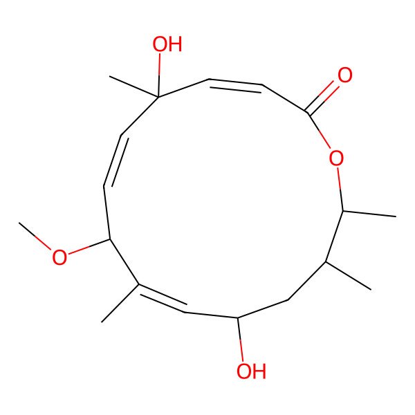 2D Structure of 5,11-Dihydroxy-8-methoxy-5,9,13,14-tetramethyl-1-oxacyclotetradeca-3,6,9-trien-2-one