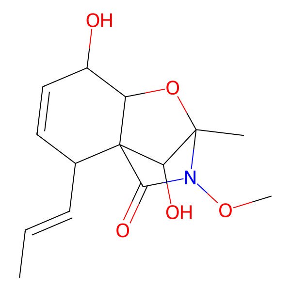 2D Structure of 5,11-Dihydroxy-9-methoxy-8-methyl-2-prop-1-enyl-7-oxa-9-azatricyclo[6.2.1.01,6]undec-3-en-10-one