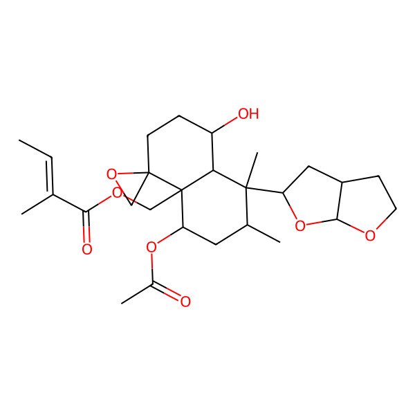 2D Structure of [(1R,4R,4aR,5S,7R,8S,8aR)-8-[(3aR,5S,6aS)-2,3,3a,4,5,6a-hexahydrofuro[2,3-b]furan-5-yl]-5-acetyloxy-1-hydroxy-7,8-dimethylspiro[2,3,5,6,7,8a-hexahydro-1H-naphthalene-4,2'-oxirane]-4a-yl]methyl (E)-2-methylbut-2-enoate