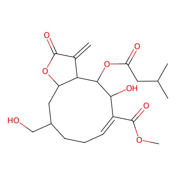 2D Structure of Methyl 5-hydroxy-10-(hydroxymethyl)-4-(3-methylbutanoyloxy)-3-methylidene-2-oxo-3a,4,5,8,9,10,11,11a-octahydrocyclodeca[b]furan-6-carboxylate