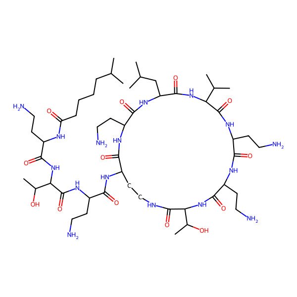 2D Structure of N-[4-amino-1-[[1-[[4-amino-1-oxo-1-[[6,9,18-tris(2-aminoethyl)-3-(1-hydroxyethyl)-15-(2-methylpropyl)-2,5,8,11,14,17,20-heptaoxo-12-propan-2-yl-1,4,7,10,13,16,19-heptazacyclotricos-21-yl]amino]butan-2-yl]amino]-3-hydroxy-1-oxobutan-2-yl]amino]-1-oxobutan-2-yl]-6-methylheptanamide