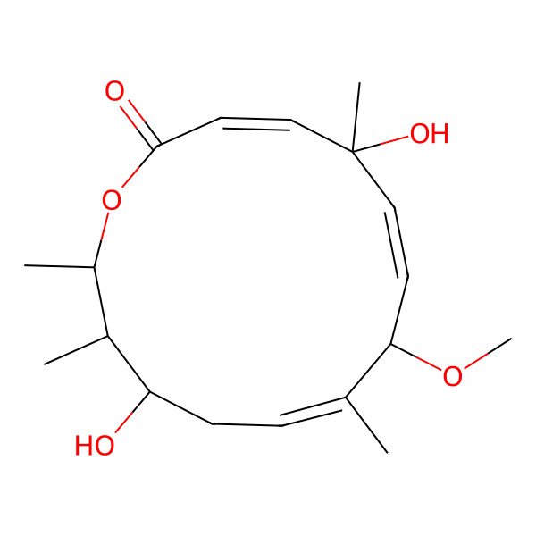 2D Structure of 5,12-Dihydroxy-8-methoxy-5,9,13,14-tetramethyl-1-oxacyclotetradeca-3,6,9-trien-2-one