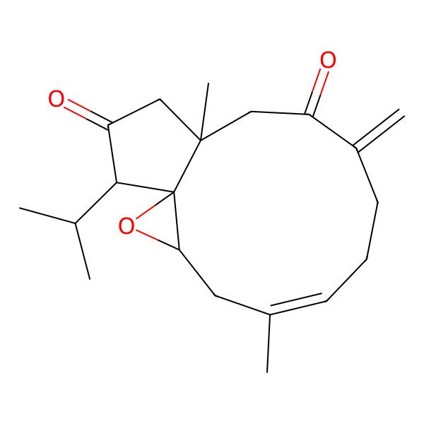 2D Structure of 5,12-Dimethyl-9-methylidene-15-propan-2-yl-2-oxatricyclo[10.3.0.01,3]pentadec-5-ene-10,14-dione