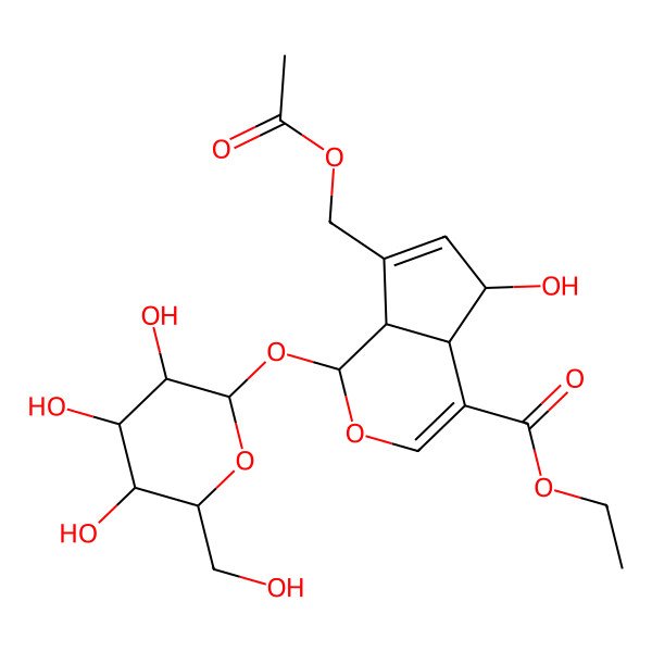 2D Structure of ethyl (1S,4aS,5S,7aS)-7-(acetyloxymethyl)-5-hydroxy-1-[(2S,3R,4S,5S,6R)-3,4,5-trihydroxy-6-(hydroxymethyl)oxan-2-yl]oxy-1,4a,5,7a-tetrahydrocyclopenta[c]pyran-4-carboxylate