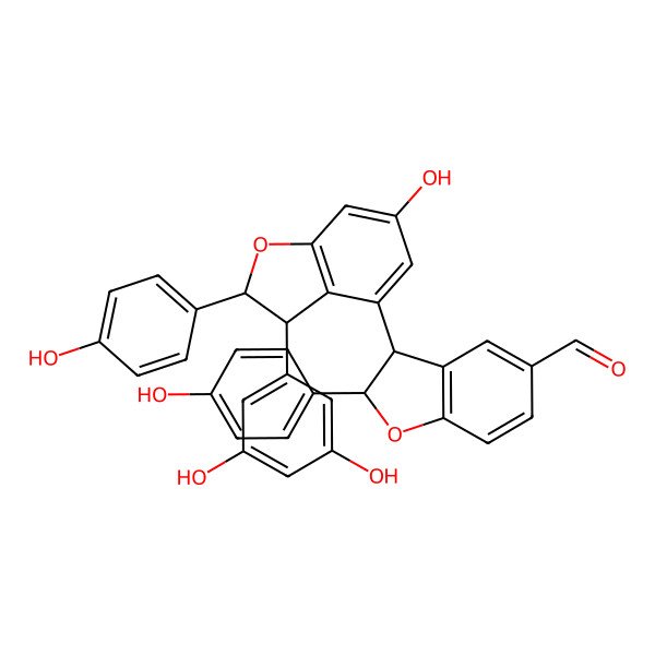2D Structure of (2R,3S)-3-[(2R,3R)-3-(3,5-dihydroxyphenyl)-6-hydroxy-2-(4-hydroxyphenyl)-2,3-dihydro-1-benzofuran-4-yl]-2-(4-hydroxyphenyl)-2,3-dihydro-1-benzofuran-5-carbaldehyde