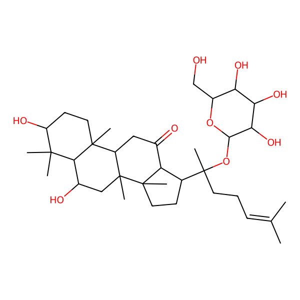 2D Structure of (3S,5R,6S,8R,9R,10R,13R,14R,17S)-3,6-dihydroxy-4,4,8,10,14-pentamethyl-17-[(2S)-6-methyl-2-[(2S,3R,4S,5S,6R)-3,4,5-trihydroxy-6-(hydroxymethyl)oxan-2-yl]oxyhept-5-en-2-yl]-1,2,3,5,6,7,9,11,13,15,16,17-dodecahydrocyclopenta[a]phenanthren-12-one