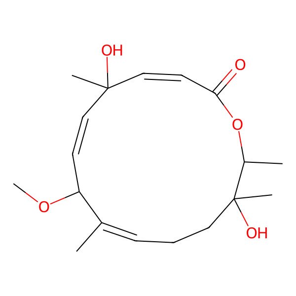 2D Structure of 5,13-Dihydroxy-8-methoxy-5,9,13,14-tetramethyl-1-oxacyclotetradeca-3,6,9-trien-2-one