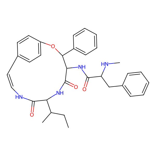 2D Structure of N-(7-butan-2-yl-5,8-dioxo-3-phenyl-2-oxa-6,9-diazabicyclo[10.2.2]hexadeca-1(14),10,12,15-tetraen-4-yl)-2-(methylamino)-3-phenylpropanamide