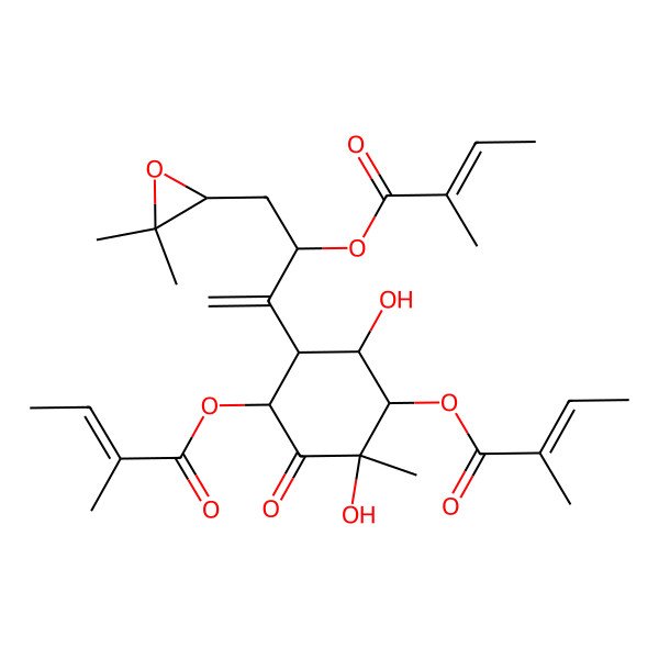 2D Structure of [6-[4-(3,3-Dimethyloxiran-2-yl)-3-(2-methylbut-2-enoyloxy)but-1-en-2-yl]-3,5-dihydroxy-3-methyl-4-(2-methylbut-2-enoyloxy)-2-oxocyclohexyl] 2-methylbut-2-enoate