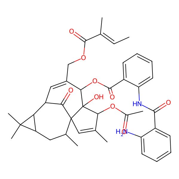 2D Structure of [4-Acetyloxy-5-hydroxy-3,11,11,14-tetramethyl-7-(2-methylbut-2-enoyloxymethyl)-15-oxo-6-tetracyclo[7.5.1.01,5.010,12]pentadeca-2,7-dienyl] 2-[(2-aminobenzoyl)amino]benzoate