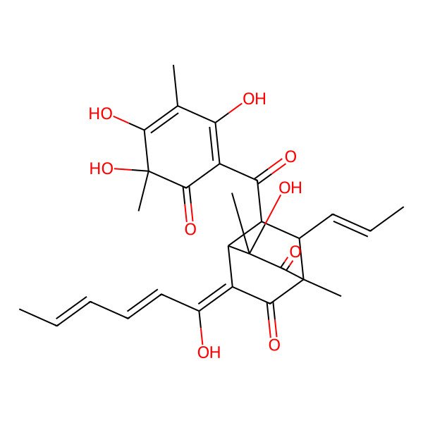 2D Structure of 3-Hydroxy-5-(1-hydroxyhexa-2,4-dienylidene)-1,3-dimethyl-7-prop-1-enyl-8-(2,4,5-trihydroxy-3,5-dimethyl-6-oxocyclohexa-1,3-diene-1-carbonyl)bicyclo[2.2.2]octane-2,6-dione