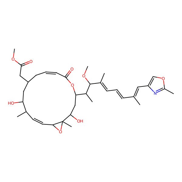 2D Structure of methyl 2-[(1R,2S,4S,7E,10R,12R,13R,14E,16R)-2,12-dihydroxy-4-[(2S,3R,4E,6E,8E)-3-methoxy-4,8-dimethyl-9-(2-methyl-1,3-oxazol-4-yl)nona-4,6,8-trien-2-yl]-1,13-dimethyl-6-oxo-5,17-dioxabicyclo[14.1.0]heptadeca-7,14-dien-10-yl]acetate