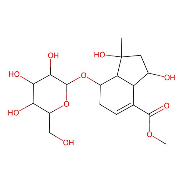 2D Structure of Methyl 1,3-dihydroxy-1-methyl-7-[3,4,5-trihydroxy-6-(hydroxymethyl)oxan-2-yl]oxy-2,3,3a,6,7,7a-hexahydroindene-4-carboxylate