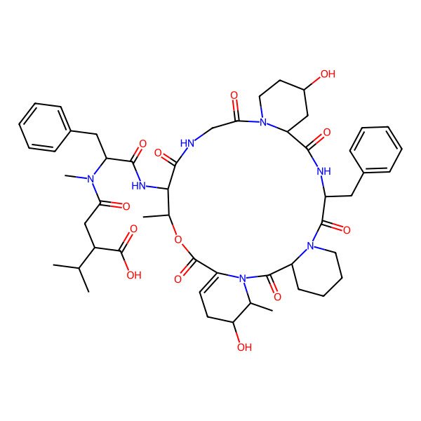 2D Structure of 4-[[1-[(10-Benzyl-15,30-dihydroxy-24,31-dimethyl-2,9,12,19,22,26-hexaoxo-25-oxa-1,8,11,18,21-pentazatetracyclo[25.4.0.03,8.013,18]hentriacont-27-en-23-yl)amino]-1-oxo-3-phenylpropan-2-yl]-methylamino]-4-oxo-2-propan-2-ylbutanoic acid