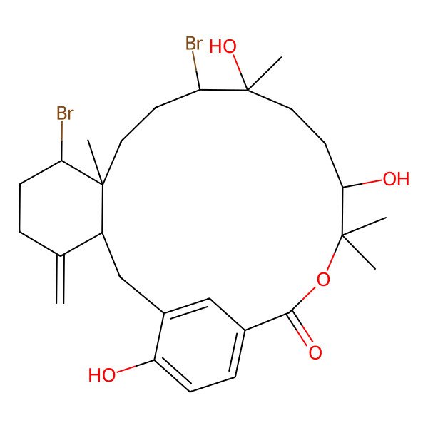 2D Structure of 7,11-Dibromo-12,15,22-trihydroxy-8,12,16,16-tetramethyl-4-methylidene-17-oxatricyclo[17.3.1.03,8]tricosa-1(22),19(23),20-trien-18-one