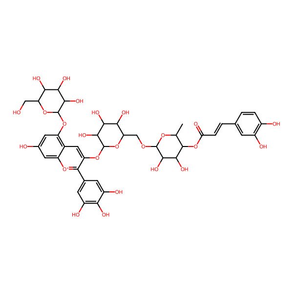 2D Structure of [(2S,3R,4R,5S,6R)-4,5-dihydroxy-2-methyl-6-[[(2R,3S,4S,5R,6S)-3,4,5-trihydroxy-6-[7-hydroxy-5-[(2S,3R,4S,5S,6S)-3,4,5-trihydroxy-6-(hydroxymethyl)oxan-2-yl]oxy-2-(3,4,5-trihydroxyphenyl)chromenylium-3-yl]oxyoxan-2-yl]methoxy]oxan-3-yl] 3-(3,4-dihydroxyphenyl)prop-2-enoate