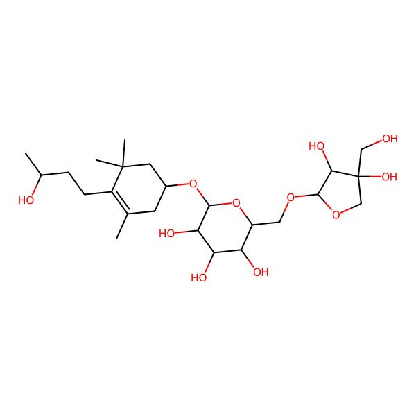 2D Structure of (2R,3S,4S,5R,6R)-2-[[(2R,3R,4R)-3,4-dihydroxy-4-(hydroxymethyl)oxolan-2-yl]oxymethyl]-6-[(1R)-4-[(3R)-3-hydroxybutyl]-3,5,5-trimethylcyclohex-3-en-1-yl]oxyoxane-3,4,5-triol