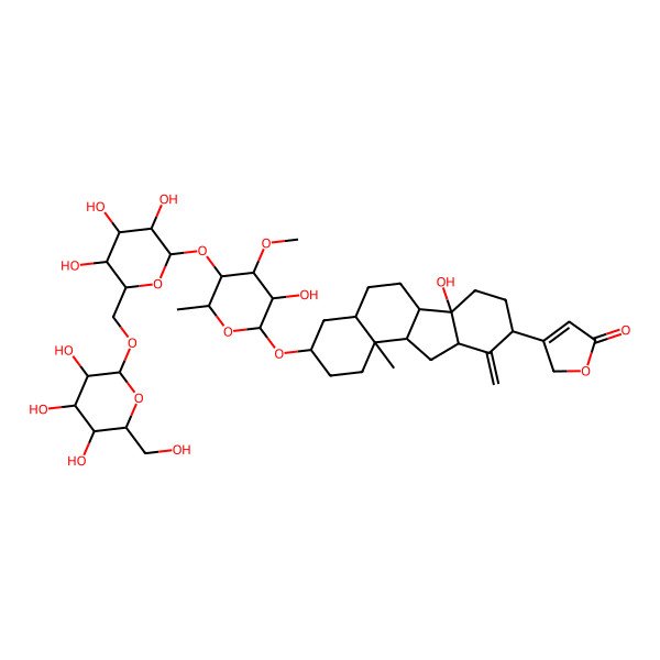2D Structure of 3-[(3S,4aR,6aR,6bS,9S,10aS,11aS,11bS)-6b-hydroxy-3-[(2R,3R,4S,5S,6S)-3-hydroxy-4-methoxy-6-methyl-5-[(2S,3R,4S,5S,6R)-3,4,5-trihydroxy-6-[[(2R,3R,4S,5S,6R)-3,4,5-trihydroxy-6-(hydroxymethyl)oxan-2-yl]oxymethyl]oxan-2-yl]oxyoxan-2-yl]oxy-11b-methyl-10-methylidene-1,2,3,4,4a,5,6,6a,7,8,9,10a,11,11a-tetradecahydrobenzo[a]fluoren-9-yl]-2H-furan-5-one