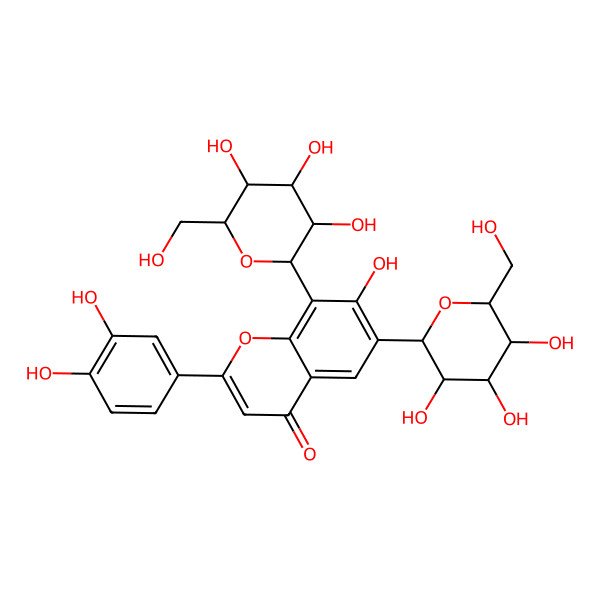 2D Structure of 2-(3,4-dihydroxyphenyl)-7-hydroxy-6-[(2S,3R,4R,5S,6R)-3,4,5-trihydroxy-6-(hydroxymethyl)oxan-2-yl]-8-[(2S,3S,4R,5S,6S)-3,4,5-trihydroxy-6-(hydroxymethyl)oxan-2-yl]chromen-4-one