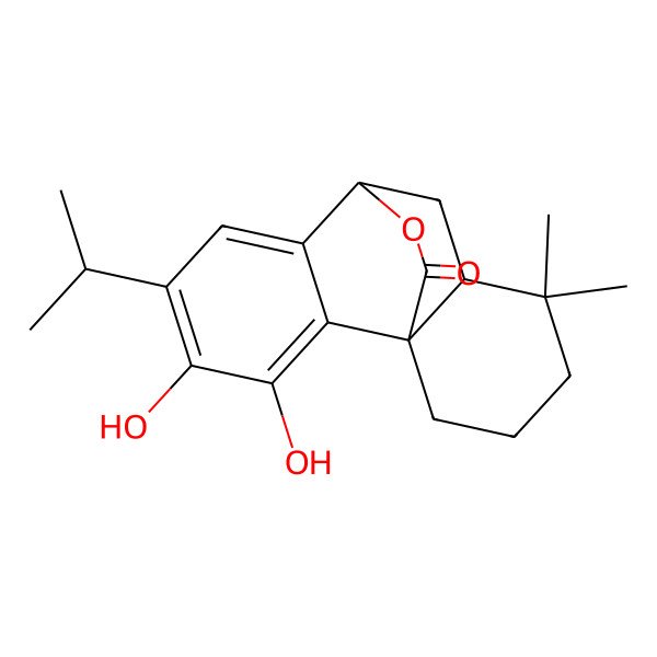 2D Structure of (1R)-3,4-Dihydroxy-11,11-dimethyl-5-propan-2-yl-16-oxatetracyclo[6.6.2.01,10.02,7]hexadeca-2,4,6-trien-15-one