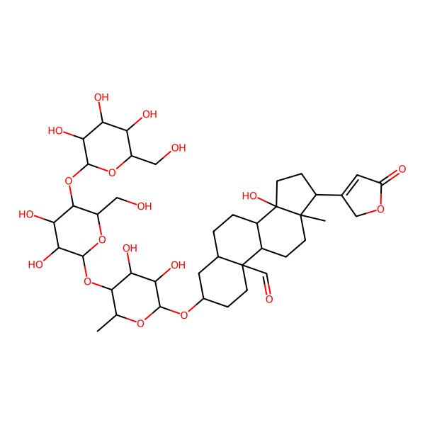 2D Structure of (3S,5S,8R,9S,10R,13R,14S,17R)-3-[(2R,3R,4R,5S,6R)-5-[(2S,3R,4R,5S,6R)-3,4-dihydroxy-6-(hydroxymethyl)-5-[(2S,3R,4R,5S,6R)-3,4,5-trihydroxy-6-(hydroxymethyl)oxan-2-yl]oxyoxan-2-yl]oxy-3,4-dihydroxy-6-methyloxan-2-yl]oxy-14-hydroxy-13-methyl-17-(5-oxo-2H-furan-3-yl)-1,2,3,4,5,6,7,8,9,11,12,15,16,17-tetradecahydrocyclopenta[a]phenanthrene-10-carbaldehyde