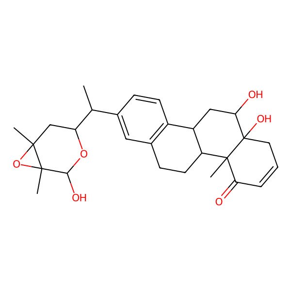 2D Structure of (4aR,4bS,10bR,12R,12aR)-12,12a-dihydroxy-8-[(1S)-1-[(1S,2R,4S,6S)-2-hydroxy-1,6-dimethyl-3,7-dioxabicyclo[4.1.0]heptan-4-yl]ethyl]-4a-methyl-4b,5,6,10b,11,12-hexahydro-1H-chrysen-4-one