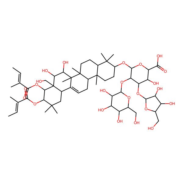 2D Structure of 6-[[7,8-Dihydroxy-8a-(hydroxymethyl)-4,4,6a,6b,11,11,14b-heptamethyl-9,10-bis(2-methylbut-2-enoyloxy)-1,2,3,4a,5,6,7,8,9,10,12,12a,14,14a-tetradecahydropicen-3-yl]oxy]-4-[3,4-dihydroxy-5-(hydroxymethyl)oxolan-2-yl]oxy-3-hydroxy-5-[3,4,5-trihydroxy-6-(hydroxymethyl)oxan-2-yl]oxyoxane-2-carboxylic acid