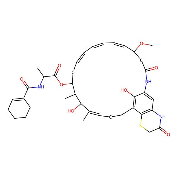 2D Structure of [(8E,10E,16Z)-15,28-dihydroxy-5-methoxy-14,16-dimethyl-3,24-dioxo-22-thia-2,25-diazatricyclo[18.7.1.021,26]octacosa-1(27),6,8,10,16,20(28),21(26)-heptaen-13-yl] 2-(cyclohexene-1-carbonylamino)propanoate