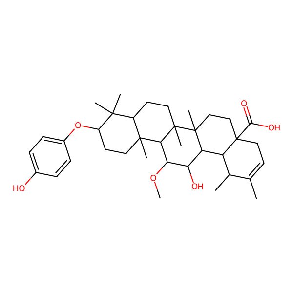 2D Structure of (1R,4aR,6aR,6aR,6bR,8aR,10S,12aS,13S,14R,14aR,14bS)-14-hydroxy-10-(4-hydroxyphenoxy)-13-methoxy-1,2,6a,6b,9,9,12a-heptamethyl-4,5,6,6a,7,8,8a,10,11,12,13,14,14a,14b-tetradecahydro-1H-picene-4a-carboxylic acid