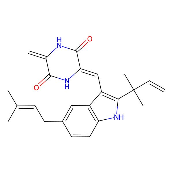 2D Structure of 3-[[2-(2-methylbut-3-en-2-yl)-5-(3-methylbut-2-enyl)-1H-indol-3-yl]methylidene]-6-methylidenepiperazine-2,5-dione