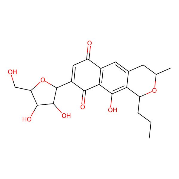 2D Structure of 8-[3,4-dihydroxy-5-(hydroxymethyl)oxolan-2-yl]-10-hydroxy-3-methyl-1-propyl-3,4-dihydro-1H-benzo[g]isochromene-6,9-dione