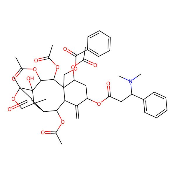 2D Structure of [(1R,2R,3R,4S,5S,6R,8R,10R,11R,12R,15S)-3,4,6,11-tetraacetyloxy-8-[(3R)-3-(dimethylamino)-3-phenylpropanoyl]oxy-2-hydroxy-1,15-dimethyl-9-methylidene-14-oxo-16-oxatetracyclo[10.5.0.02,15.05,10]heptadecan-5-yl]methyl benzoate
