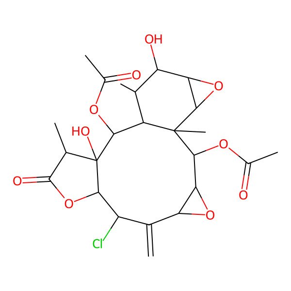2D Structure of [(1R,2S,3R,5R,7S,8R,11R,12R,13R,14S,15R,16R,17S,19R)-2-acetyloxy-7-chloro-12,16-dihydroxy-1,11,15-trimethyl-6-methylidene-10-oxo-4,9,18-trioxapentacyclo[12.5.0.03,5.08,12.017,19]nonadecan-13-yl] acetate