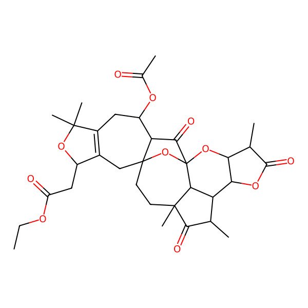 2D Structure of ethyl 2-[(1S,3R,4S,7R,8S,9S,11S,14S,17R,22S,23R,26S)-22-acetyloxy-4,9,11,19,19-pentamethyl-5,10,24-trioxo-2,6,18,25-tetraoxaheptacyclo[12.10.1.11,8.03,7.014,23.016,20.011,26]hexacos-16(20)-en-17-yl]acetate