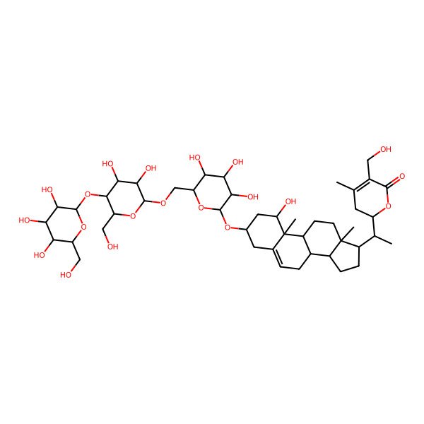 2D Structure of (2R)-2-[(1S)-1-[(1S,3R,8S,9S,10R,13S,14S,17R)-3-[(2R,3R,4S,5S,6R)-6-[[(2R,3R,4R,5S,6R)-3,4-dihydroxy-6-(hydroxymethyl)-5-[(2S,3R,4S,5S,6R)-3,4,5-trihydroxy-6-(hydroxymethyl)oxan-2-yl]oxyoxan-2-yl]oxymethyl]-3,4,5-trihydroxyoxan-2-yl]oxy-1-hydroxy-10,13-dimethyl-2,3,4,7,8,9,11,12,14,15,16,17-dodecahydro-1H-cyclopenta[a]phenanthren-17-yl]ethyl]-5-(hydroxymethyl)-4-methyl-2,3-dihydropyran-6-one