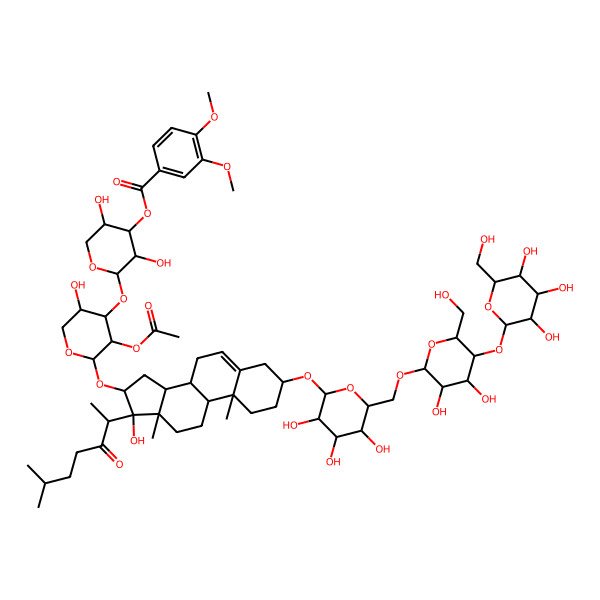 2D Structure of [2-[3-Acetyloxy-2-[[3-[6-[[3,4-dihydroxy-6-(hydroxymethyl)-5-[3,4,5-trihydroxy-6-(hydroxymethyl)oxan-2-yl]oxyoxan-2-yl]oxymethyl]-3,4,5-trihydroxyoxan-2-yl]oxy-17-hydroxy-10,13-dimethyl-17-(6-methyl-3-oxoheptan-2-yl)-1,2,3,4,7,8,9,11,12,14,15,16-dodecahydrocyclopenta[a]phenanthren-16-yl]oxy]-5-hydroxyoxan-4-yl]oxy-3,5-dihydroxyoxan-4-yl] 3,4-dimethoxybenzoate