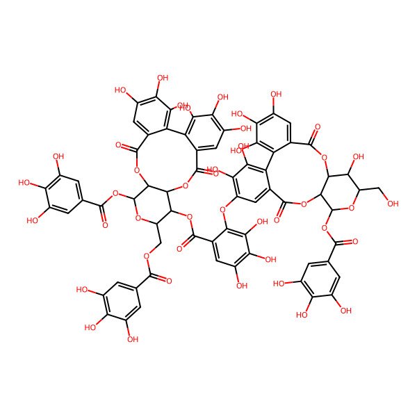 2D Structure of [(10R,11S,13R,14R,15S)-3,4,5,20,21,22-hexahydroxy-8,17-dioxo-11-(3,4,5-trihydroxybenzoyl)oxy-13-[(3,4,5-trihydroxybenzoyl)oxymethyl]-9,12,16-trioxatetracyclo[16.4.0.02,7.010,15]docosa-1(22),2,4,6,18,20-hexaen-14-yl] 2-[[(10R,11S,13R,14R,15S)-3,4,14,20,21,22-hexahydroxy-13-(hydroxymethyl)-8,17-dioxo-11-(3,4,5-trihydroxybenzoyl)oxy-9,12,16-trioxatetracyclo[16.4.0.02,7.010,15]docosa-1(22),2,4,6,18,20-hexaen-5-yl]oxy]-3,4,5-trihydroxybenzoate
