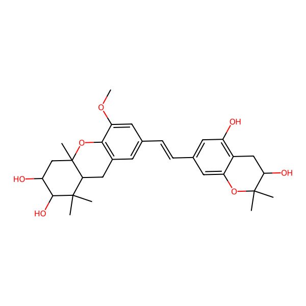 2D Structure of (2S,3R,4aR,9aR)-7-[(E)-2-[(3R)-3,5-dihydroxy-2,2-dimethyl-3,4-dihydrochromen-7-yl]ethenyl]-5-methoxy-1,1,4a-trimethyl-3,4,9,9a-tetrahydro-2H-xanthene-2,3-diol