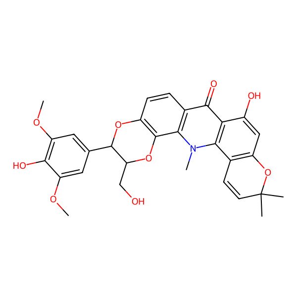 2D Structure of (6R,7R)-15-hydroxy-7-(4-hydroxy-3,5-dimethoxyphenyl)-6-(hydroxymethyl)-2,19,19-trimethyl-5,8,18-trioxa-2-azapentacyclo[12.8.0.03,12.04,9.017,22]docosa-1(14),3(12),4(9),10,15,17(22),20-heptaen-13-one